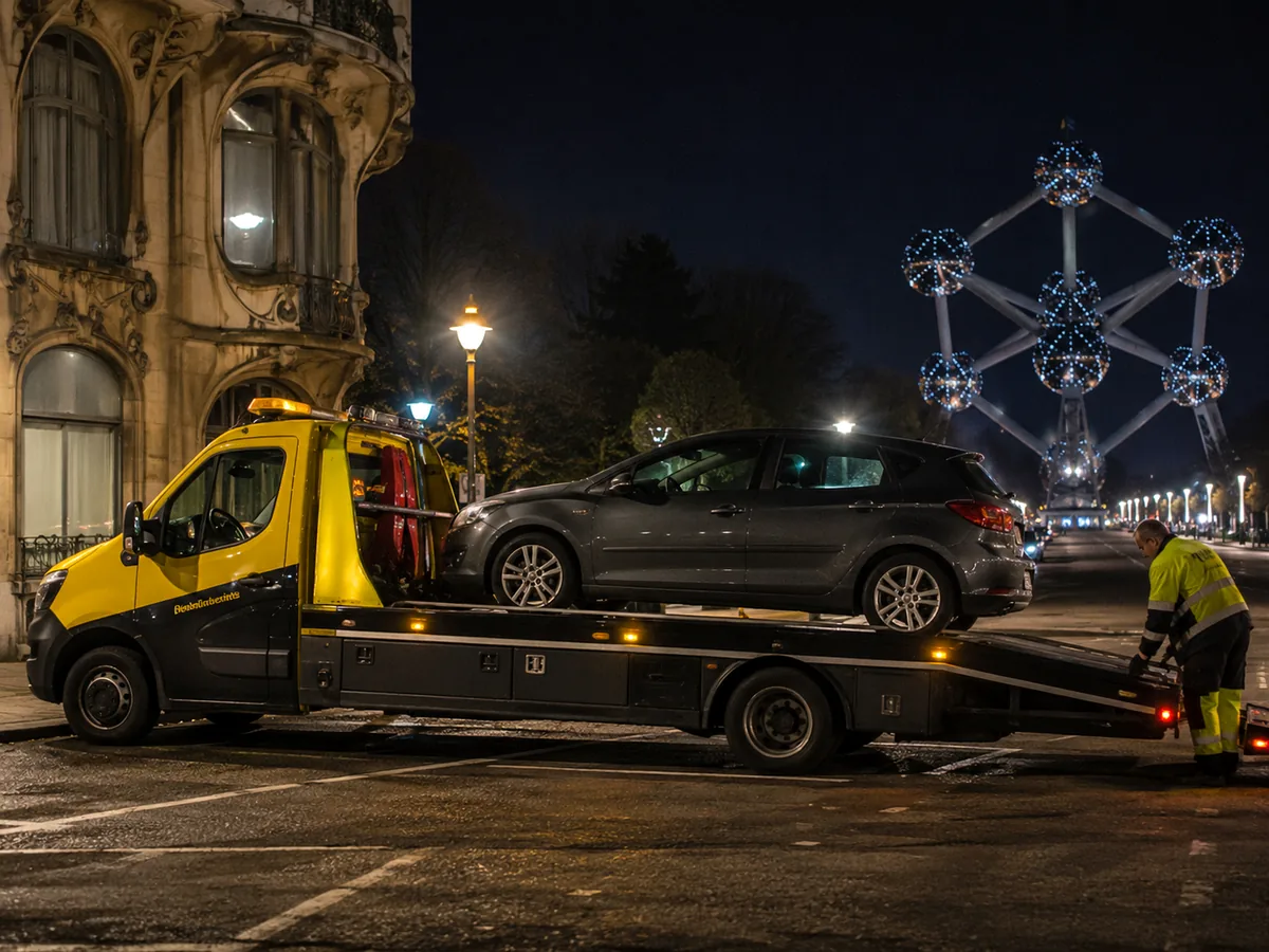 Auto wordt in Brussel op een oprijwagen geladen voor gratis ophaling, met de stad op de achtergrond
